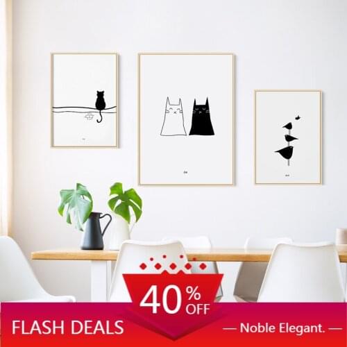 Christmas Canvas Painting Line Drawing Black And White Cat Birds Wall Art Nordic Posters And Pictures For Living Home Decor
