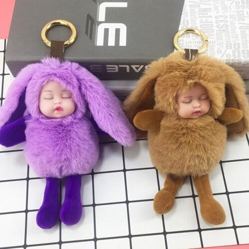 New cute long ears sleeping adorable baby plush doll key chain pendant lady bag car pendant toys holiday gifts rubber keychain