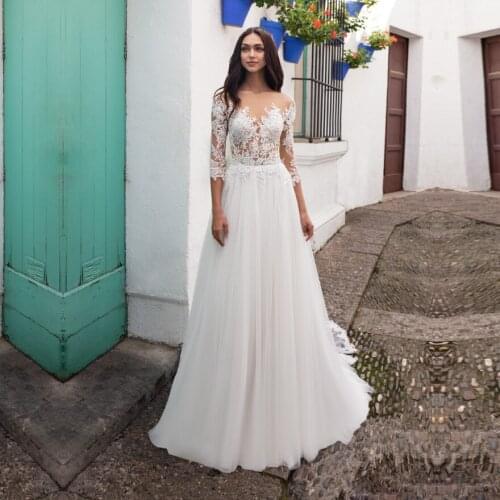 Wedding Dresses Lace Appliques with Tulle Three Quarter Wedding Gowns Back Button Bridal Dress vestido de noiva Floor Length