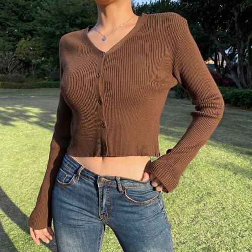 Sweater Knitwear Women Autumn Long Sleeve V Neck Knitted Cardigans Harajuku Korean Brown Crop Tops Solid Outwear sweatshirt