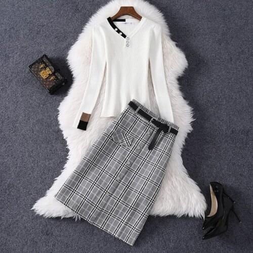 Winter Temperament Commute Sweaters Casual Fashion Long Sleeve Solid Color and V-neck Casual White Skirt Suit Dresses Women