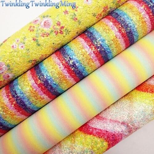 Chunky Glitter Leather with Printed Waves, Stripes and Flowers, Rainbow Glitter Fabric For Bow A4 21x29CM Twinkling Ming XM022D