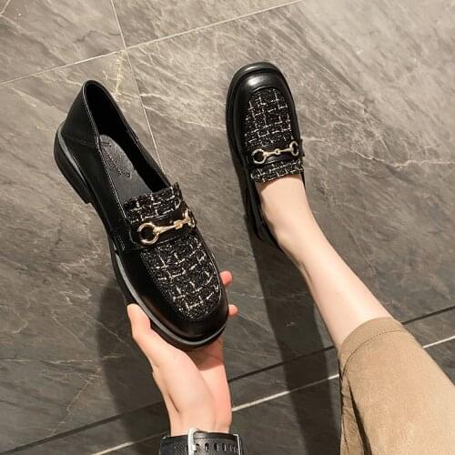 Chunky Heels Shoes Women Big Size Casual Loafers Leather Pump Square Toe Slide Slip on Shoes Metal Decoration Shallow Oxford