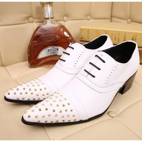 Christia Bella White Pointed Toe Rivet Male Heighten Oxfords Shoes Party Genuine Leather Mens Brogue Shoes Man Lace Up Shoes