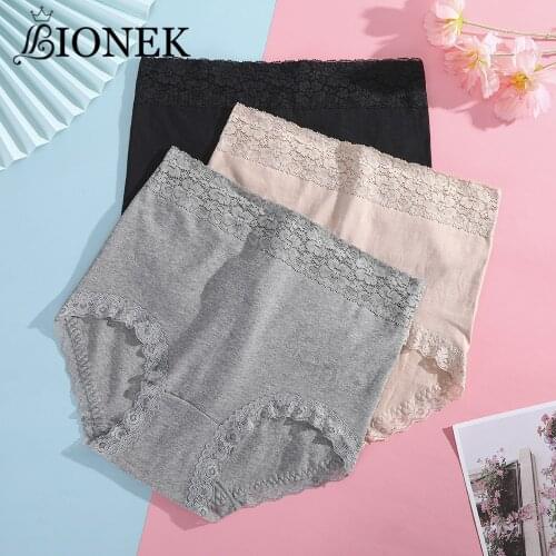 BIONEK Cotton Plus Size High Waist Womens Panties Solid Lace Briefs Underwear Female Sexy Underpants Breathable Lingerie