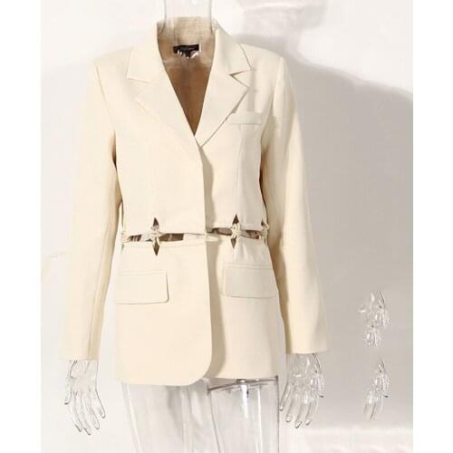 SeeBeautiful Hollow Out Stitch Loose Blazer Coat Notched Long Sleeve Pockets Hidden Breasted Women Autumn 2021 New Fashion G200