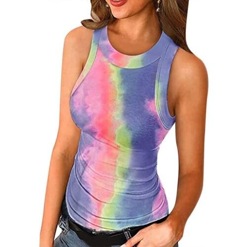 Women’s Fashion Tie-dye Vest Top Yoga Shirts Summer Casual Round Neck Sleeveless Bottoming Tops Slim Fit Tank Tops Outfit