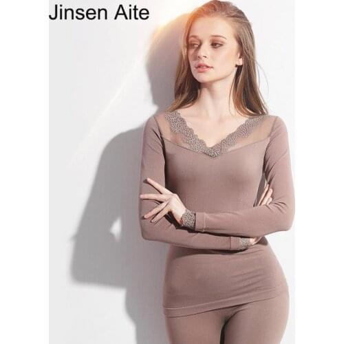 Jinsen Aite Sexy lace V-neck Womens Thermal Underwear Suit New Fashion Autumn&Winter Slim Bottoming Lady Warm Long Johns JS699