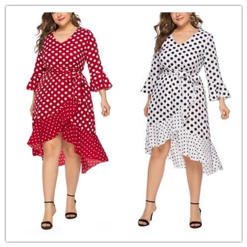 2021 Summer Casual Ruffle Fishtail Dress For Women Vestidos Dot V-Neck 7-Sleeve Flared Sleeve High Waist Lace-Up Dresses