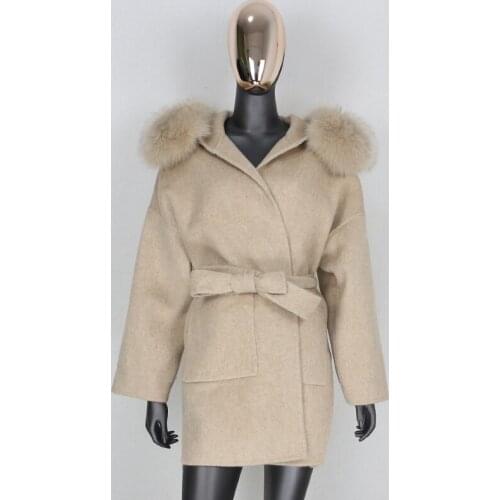 2020 New Oversize Loose Cashmere Wool Blends Real Fur Coat Winter Jacket Women Natural Fox Fur Collar Hood Outerwear Belt