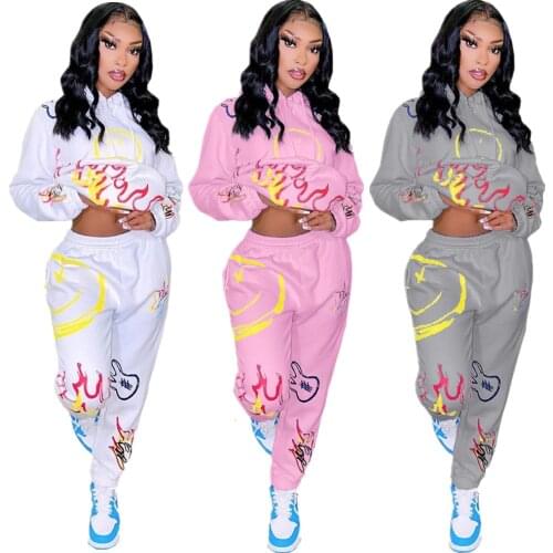 Winter Hooded 2 Pieces Sweatsuits Fashion Letter Printed Long Sleeve Sweatshirt + Long Sweatpants Casual Sport Tracksuit 2021