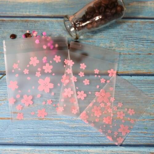 100pcs Cherry Blossoms Plastic Bag Multi-size Transparent Self Adhesive Bag For DIY Biscuits Baking Package Party Gift Candy Bag