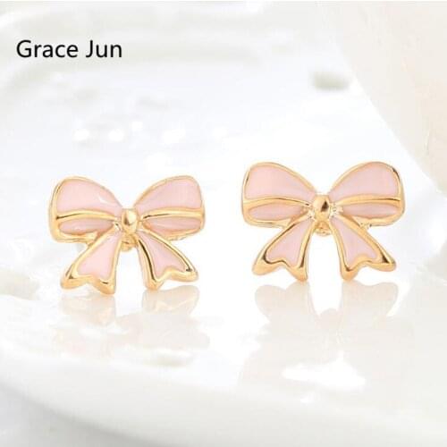 Grace Jun Korea Style Enamel Pink Color Bow-knot Shape Clip on Earrings for Girls Party Lovely Small Earrings Needn't Ear Hole