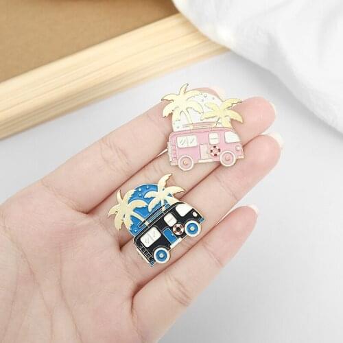 Beach wind sunset coconut tree landscape Enamel Pin Blue pink cute bus Lapel Pins Badge Brooches for women Denim Jewelry