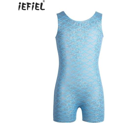 Kids Girls One-piece Sleeveless Ballet Gymnastics Leotard Glittery Scales Printed Ballet Dance Leotard Jumpsuit Unitard SZ 5-14