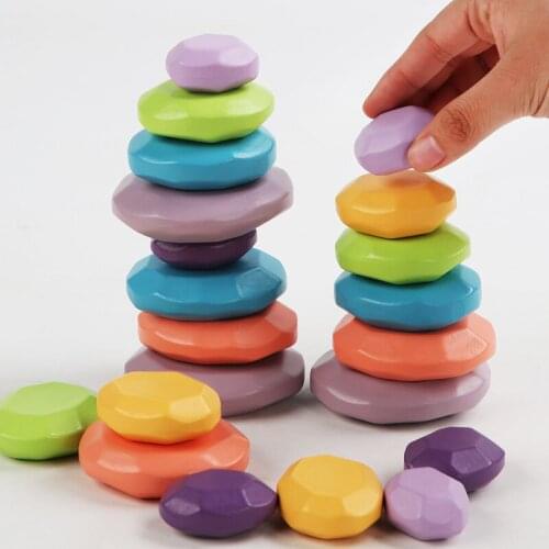 Colored Stone Wooden Blocks Montessori Educational Toy Jenga Building Construction Toys Stacking Game Balancing Building Blocks