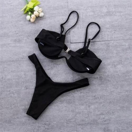 Women 2PCS Bikini Set Solid Color Wire Padded V-Shaped Back Buckle Bra Triangle High Waist Panty Summer Swimming Set Underwear