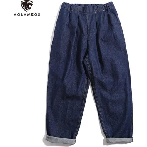 Aolamegs Jeans Men Japanese Cargo Retro Baggy Jeans Simple Wide Leg Denim Mens Pants All-match High Street Harajuku Streetwear