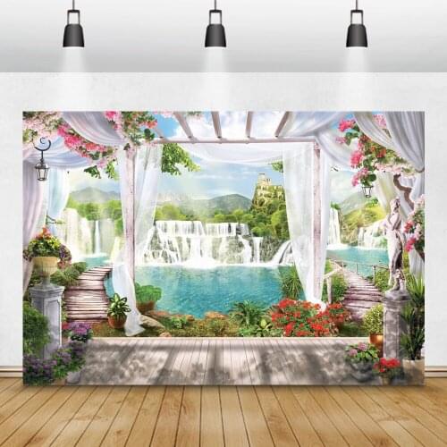 Natural Scenery Photozone Waterfall Wooden Board Bridge Summer House Portrait Photographic Background Photo Backdrop Photophone