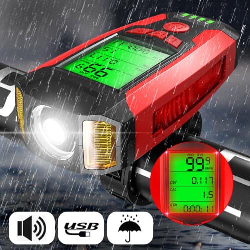 Bicycle Light Waterproof USB Charging Bike Front Light Flashlight Handlebar Cycling Head Light with Horn Speed Meter LCD Screen
