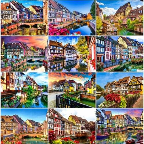 HUACAN 5D Diamond Painting Seaside Landscape Diamond Embroidery House Scenery Home Decoration New Arrival