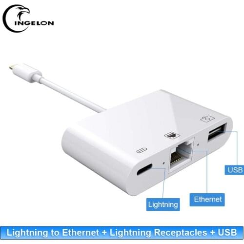 Ingelon【Lightning to Ethernet(RJ45 Port)】+USB+Lightning Hub Adapter Lightning Splitter,iPhone iPad To USB Camera Adapter Cable