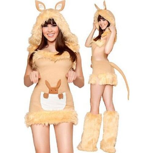 High Quality Sexy Kangaroo Costume Brown Cut Out Mini Dress Faux Fur Sexy Kangaroo Costume with Tail Warmer Leggings W418999