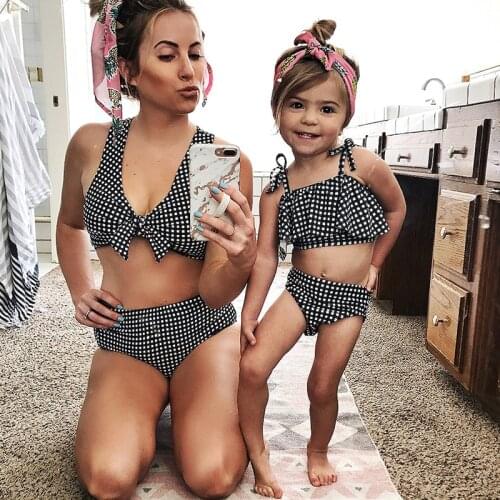 Mom Baby Ruffle Off Shoulder Swimwear Sexy Women Knotted Padded High Waist lattice Swimsuit mommy and me Beach Wear Bathing Suit