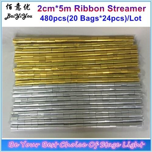 20 bags x24pcs/Lot 480pcs 2cm*5m Golden Silver Ribbon Streamer Long Shape Confetti Paper For Confetti Cannon Machine