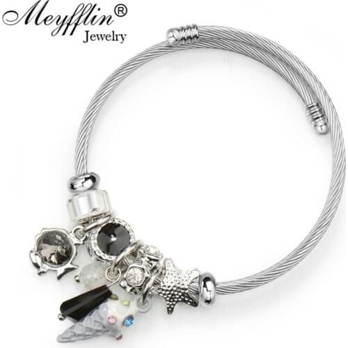 Meyfflin Cute Antique Silver Charm Bracelets & Bangles with Ice Cream Vintage Crystal Bead Bracelets for Women Wedding Jewelry