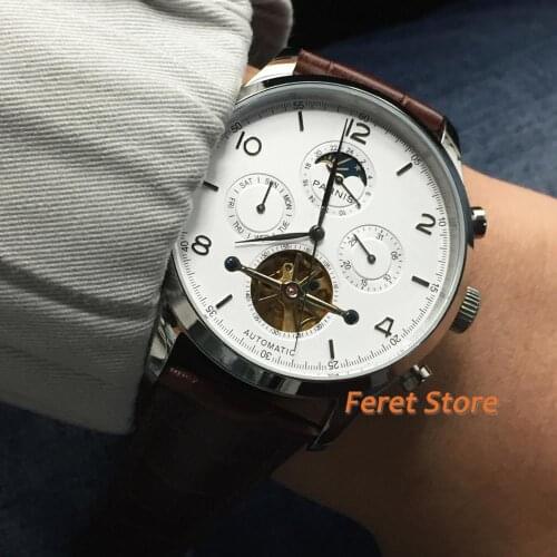 Parnis 2020 new 43mm white dial stainless steel case steel strap date week year mens top flywheel automatic men watch