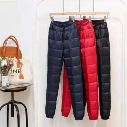 2021 Mens Autumn and Winter Solid Color White Duck down Elastic Waist Fashion Leisure Warm Thick down Wadded Trousers