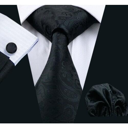Mens Tie 100% Silk Barry.Wang New Classic Black Hanky Cufflinks Necktie Ties For Men Formal Business Wedding Party LS-823