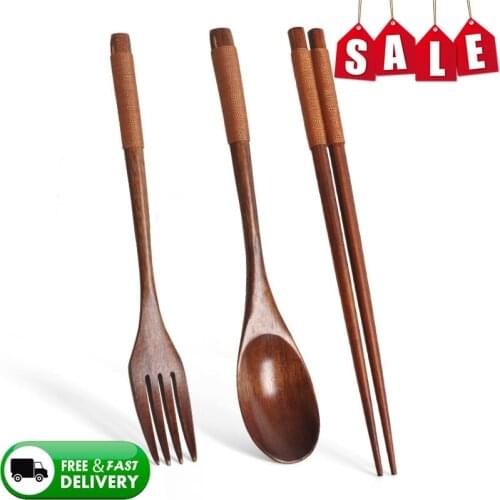 Natural Wood Spoon Chopstick And Fork Dinner Set Grain Handmade Household Tableware Rice Soup Tableware Kitchen Cocina Accesorio