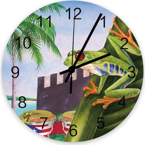 Watercolor Tropical Plant Puerto Rico Flag Frog Wall Clock Wooden Modern Design Digital Clocks Home Living Room Wall Decoration