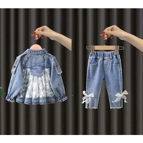 New Childrens Denim Jackets Trench Jean Embroidery Jackets Girls Kids clothing baby Lace coat Casual outerwear Spring Autumn