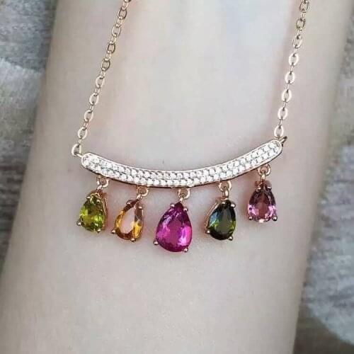 Natural Multicolor tourmaline Necklace natural gemstone Pendant Necklace S925 silver Fashion Elegant Smiling face drop Jewelry
