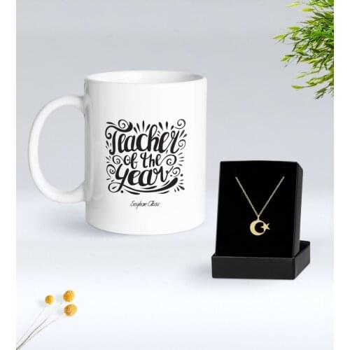 Personalized Teacher Of The Year Trophy And Moon Star Necklace Gift Seti-1