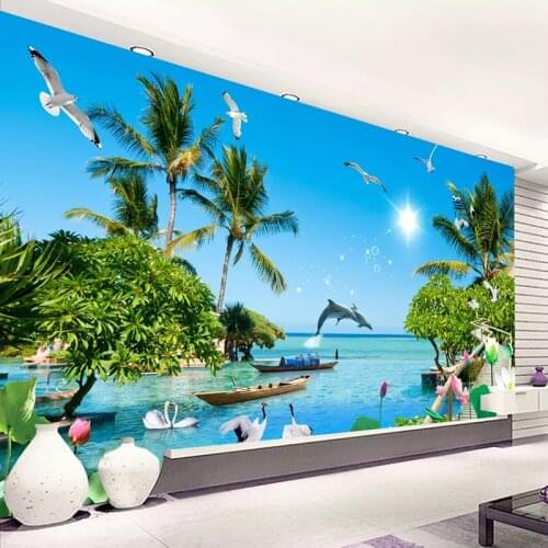 Custom 3D Photo Wallpaper Sea View Seagull Coconut Tree Wall Mural Living Room Sofa TV Background Wall Papers Home Decor Modern