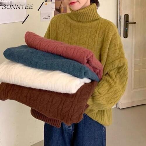 Pullovers Women Solid Colorful Turtleneck Lantern Sleeve Korean Preppy Style Warm Soft Slim Loose Casual All-match Winter Tops