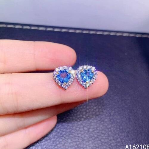 Fine Jewelry 925 Sterling Silver Inset With Natural Gems Womens Luxury Classic Heart Blue Topaz Earrings Ear Stud Supports Dete