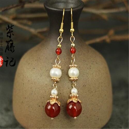 Beautiful Red Agate Gemstone pearl DIY Earrings 18K Ear hook Handmade Beautiful Dangle women Popular simple Flawless Earlobe
