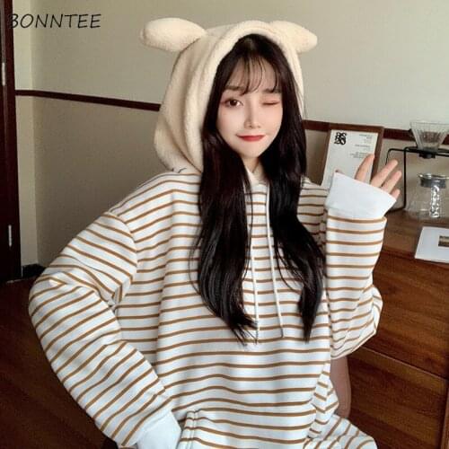With Bear Ears Hat Hoodies Women Lamb Wool Spring Autumn Sweet College Striped Drawstring Harajuku Soft Tunic Cute Kawaii Design