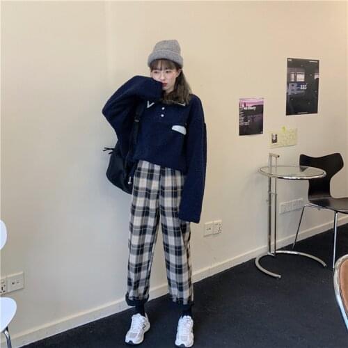 Vintage Plaid Women Fashion High Waist Female 2020 Autumn New Ladies Thicken Straight Wide Leg Pants