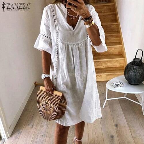 ZANZEA Summer Bohemian Lace Dress 2021 Womens V Neck Flare Sleeve Sundress Female Hollow Patchwork Robe Femme Tunic Vestidos
