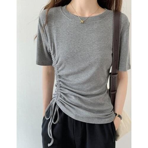 LJSXLS Womens T-shirt Casual Short Sleeve Basic Tshirt Slim O-Neck Tees Solid Drawstring White Top Summer Cotton Women Clothes