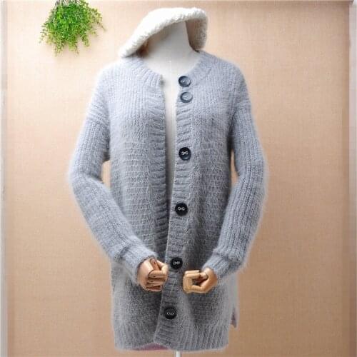 Top mujer women 2020 winter clothing grey mink cashmere knitted cardigans button angora rabbit hair jacket coat sweater tops