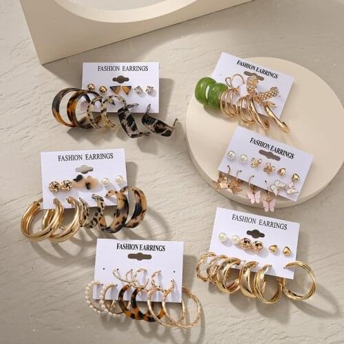 Vintage Fashion Metal Big Round Circle Hoop Earrings Set For Women Acrylic Leopard Butterfly Pearls Dangle Drop Earrings Jewelry