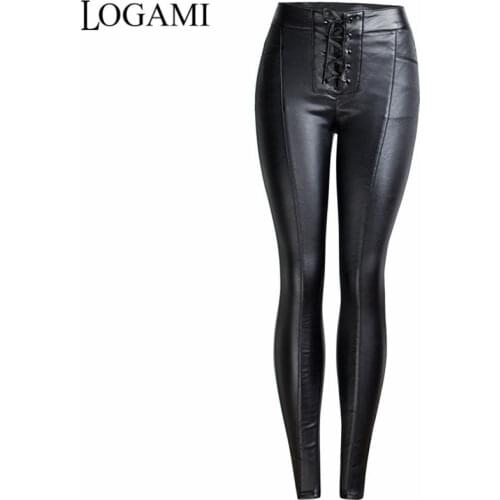 LOGAMI Lace Up Faux Leather Pants Women Autumn Winter Pencil Pants Woman Pu Leather Trousers Black