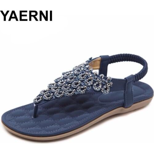 YAERNI Women Ethnic Bohemia Flat Sandals Shoes Woman Crystal Flower Flip Flop Beach Sandals Casual Shoes size 35-42 Blue Beige